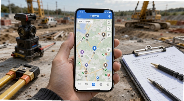 手机屏幕显示云勘软件主界面，地图上标注多个勘察点位，背景为户外工地环境，画面中心为手机设备，周围环绕测量工具与记录表格，整体风格写实科技感