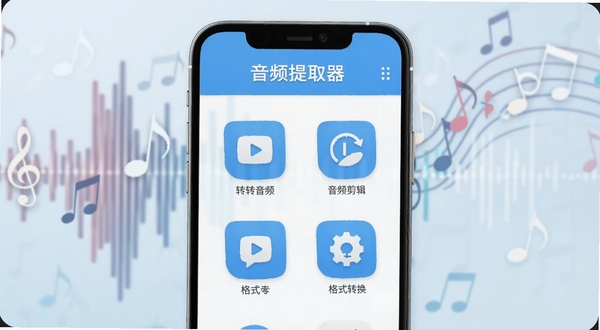 手机屏幕中央展示音频提取器免费软件主界面,界面采用清新蓝白配色,顶部显示软件名称,中部排列视频转音频、音频剪辑、格式转换等功能图标,背景为虚化的音乐波形与音符元素,整体风格简洁明快,适配Boogu模型生成