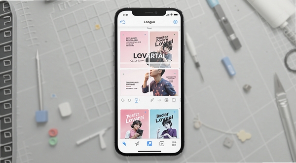 一张展示Lovartai海报制作设计软件界面的手机屏幕截图,画面主体为手机竖屏居中放置,背景为浅灰色工作台面,屏幕内显示海报模板网格与底部工具栏,整体风格简洁明亮,适配Boogu模型生成