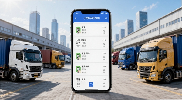 小铁马司机端软件主界面展示图,画面中央为手机屏幕显示货运订单列表,背景为城市物流园区与货运卡车,整体风格明亮商务,突出软件名称小铁马司机端