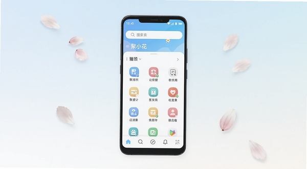 聚小花软件主界面全貌展示，画面主体位于正中央，一部安卓手机竖屏显示聚小花应用首页，界面干净清爽，顶部有搜索栏，中部为功能图标网格，背景区域为浅色渐变，周围点缀少量花瓣元素呼应软件名称，整体风格现代简约，适合用作软件下载站预览图