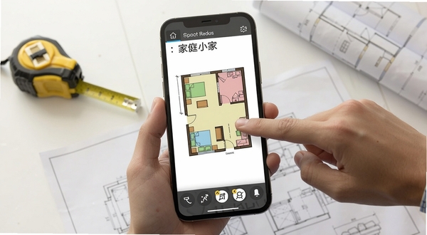 迷你小家:家庭屋户型绘制功能界面,手机屏幕展示彩色户型图,用户手指正在拖拽调整墙体长度,界面底部有尺寸标注工具栏,背景为简约室内设计工作室桌面,有卷尺和图纸点缀