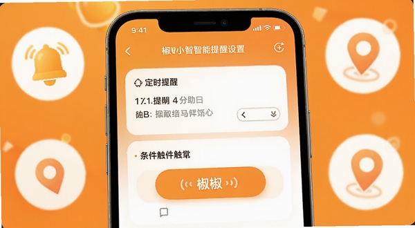 椒小智智能提醒设置界面展示图,手机屏幕显示定时提醒和条件触发选项,背景为暖橙色渐变,周围有铃铛和定位图标