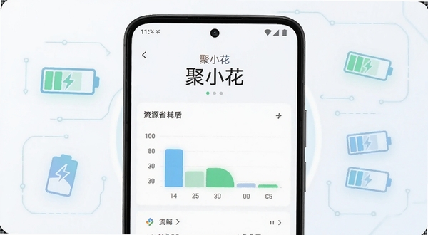 聚小花轻量运行低耗设计概念图，画面主体为一部安卓手机展示聚小花运行时的资源占用面板，背景区域为简洁的科技感线条和电池图标，聚小花名称出现在面板上方，整体风格清爽干练，强调流畅省电的产品特点