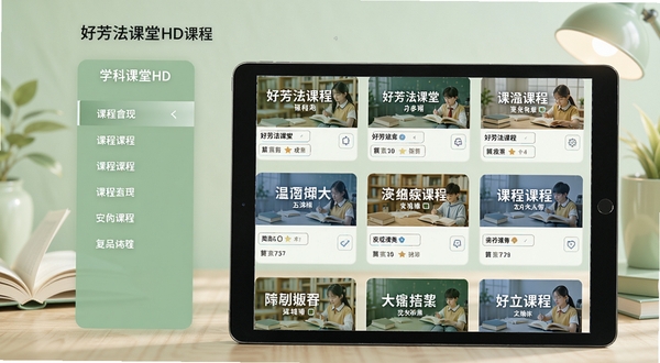 好芳法课堂HD课程分类页面展示，画面左侧为学科导航栏，右侧为课程卡片列表，背景为柔和的浅绿色学习氛围，平板设备竖屏显示，界面层次分明
