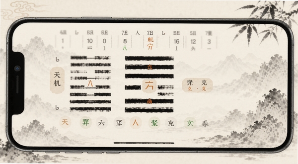 天机六爻排盘卦象解析辅助界面,画面展示手机屏幕中六爻卦象与五行生克标注,背景为淡雅水墨风格,突出学习参考功能,整体色调温和,适合易学爱好者阅读