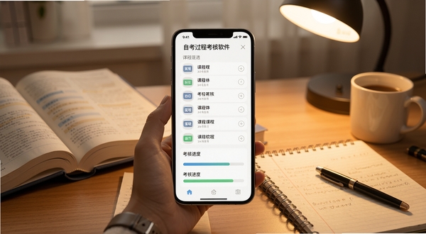 自考过程考核软件主界面展示,手机屏幕中央显示课程列表和考核进度条,背景为书桌场景,有教材和笔记,暖色调光线,整体呈现学习氛围,画面简洁清晰,适合软件下载站展示