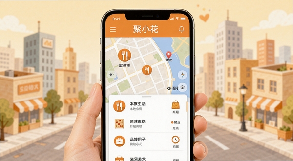 聚小花本地生活信息聚合功能展示，画面主体为手机屏幕上的地图与列表混合视图，背景区域是城市街区简化插画，屏幕上标注着餐饮、商超等图标，聚小花名称出现在顶部标题栏，整体色调温暖明亮，体现便捷生活服务的场景感