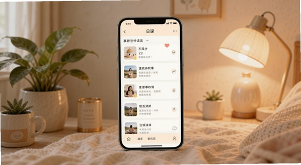 一些事一些情软件主界面展示,画面中央为手机屏幕显示温馨日记列表,背景为柔和暖色调房间环境,有绿植和台灯点缀,整体风格清新治愈,适配Boogu模型生成