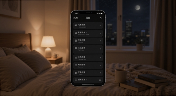 元玑深色模式界面，手机屏幕显示深色背景下的任务列表，背景为夜晚卧室环境，氛围安静柔和