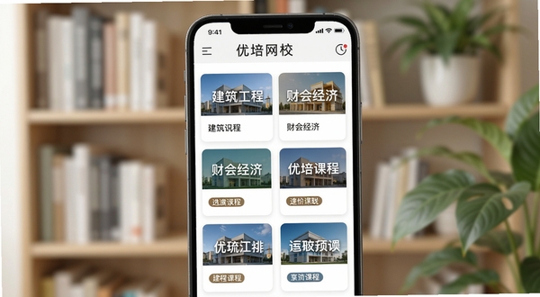 优培网校课程分类页面展示,画面主体为手机屏幕内排列整齐的课程卡片,卡片上标注建筑工程、财会经济等标签,背景为虚化的书架与绿植,整体色调柔和清晰