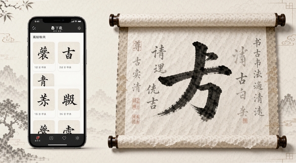尊古书法应用界面展示离线字帖收藏夹，画面左侧为手机屏幕显示已下载字帖列表，右侧为展开的宣纸卷轴，上面有毛笔书写的楷书大字，整体色调素雅，中国风UI设计