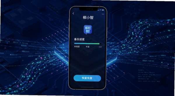 椒小智数据备份与恢复功能界面图,手机屏幕显示备份进度条和恢复按钮,背景为深蓝色科技感纹理,有数据流线条装饰