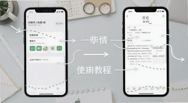 一些事一些情使用教程示意图,画面为手机屏幕显示权限设置界面与日记编辑界面并列,背景为浅灰色工作台,有箭头指引操作步骤,风格清晰直观,适配Boogu模型生成