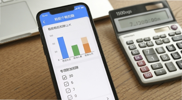 手机社保公积金计算个税扣除估算界面,手机屏幕显示税前税后对比柱状图,旁边有专项附加扣除项目勾选列表,背景为办公桌与计算器实物,画面干净整洁,突出数据可视化效果