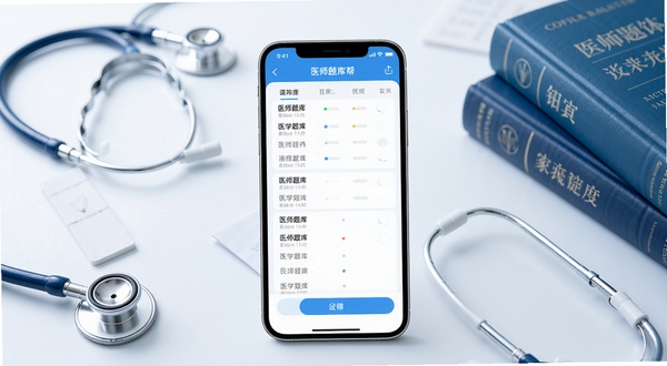 整体展示医师题库帮软件主界面与医学题库分类布局,画面中心为手机屏幕内显示刷题界面,背景为简洁的医学蓝白色调,周围点缀听诊器与医学书籍元素,整体风格专业清新