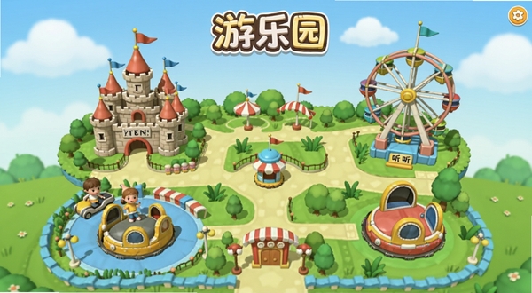 单词游乐园软件主界面全景展示,画面中央是色彩明快的虚拟游乐园地图,地图上分布着词汇城堡、拼写摩天轮和听力碰碰车等主题区域,背景是柔和的蓝天白云与绿地,整体风格卡通可爱,适配Boogu模型生成