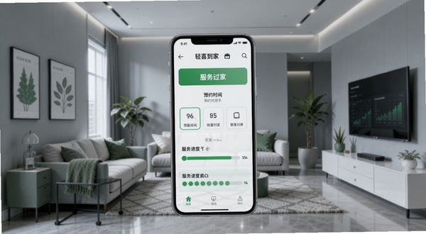 轻喜到家服务流程界面图,画面中央为手机屏幕显示预约时间选择与服务进度条,背景区域为现代简约家居环境,冷灰色调点缀绿色元素,突出标准化与秩序感