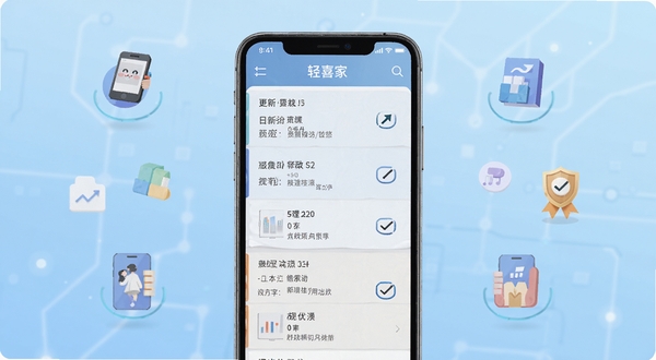轻喜到家版本更新功能展示图,画面主体为手机屏幕显示更新日志列表与新增功能标识,背景区域为科技感浅蓝渐变,扁平化图标点缀,突出迭代与优化