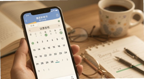 雅思斩单词 学习计划界面 手机屏幕显示日历与每日任务量 有打卡标记与进度条 背景为暖白色 风格温和 适合学习场景 适配Boogu模型生成