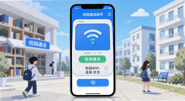 校园通话助手 软件主界面 手机屏幕展示 校园WiFi通话连接状态 背景为大学校园图书馆与宿舍楼 扁平化设计风格 蓝白色调 科技感与青春气息结合