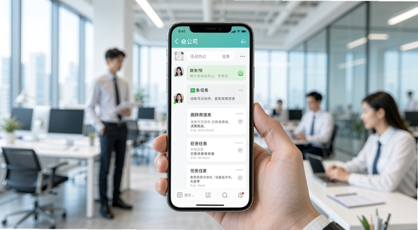 e公司移动办公界面展示，职场人士在明亮办公室使用手机查看团队消息列表，画面中央为手机屏幕特写，屏幕内显示e公司即时通讯界面与任务卡片，背景为虚化的现代办公环境，整体色调清爽专业，突出高效协作氛围