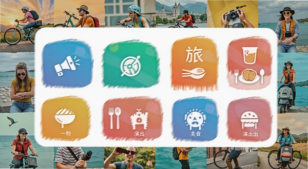 约伴出行多场景分类页面,手机界面展示运动、旅行、美食、演出等图标网格,背景为多彩生活场景拼贴,活力清新的设计风格
