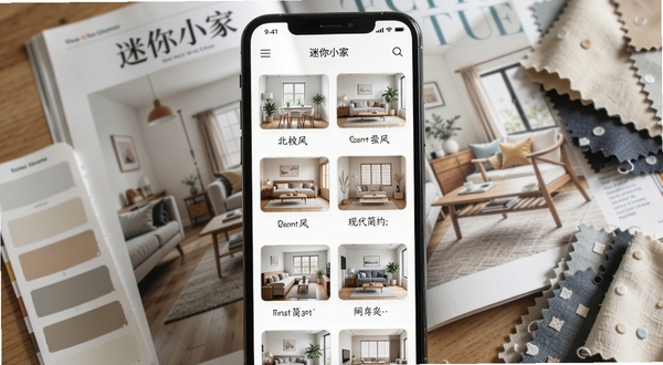 迷你小家:家庭屋风格模板选择界面,手机屏幕展示多种家居风格缩略图卡片,包括北欧风、日式风、现代简约风,背景为家居杂志摊开的画面,有配色色卡和布料样本点缀
