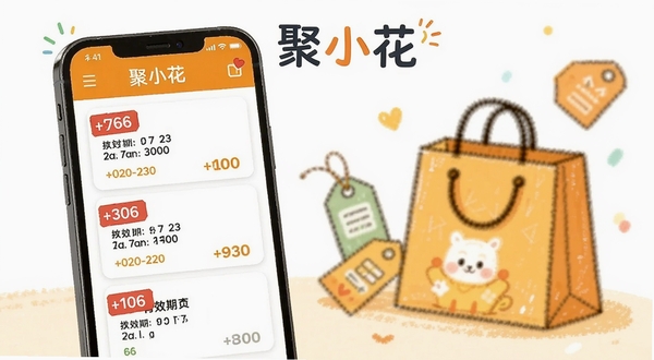 聚小花优惠信息查阅功能展示，画面主体为手机屏幕上的优惠卡片列表，卡片上有折扣标签和有效期文字，背景区域为购物袋和标签的简笔插画，聚小花名称显示在页面顶部，色彩活泼但不刺眼，传递实惠便利的感觉