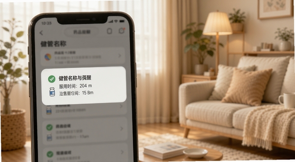 健管在线用药提醒功能展示，手机屏幕弹出提醒通知卡片，显示药品名称与服用时间，背景为温馨的居家环境，色调柔和