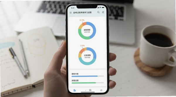 自考过程考核学习进度仪表盘界面,手机屏幕显示多门课程的过程考核分数环形图和进度条,配色清新,背景为简约桌面,有笔记本和咖啡杯