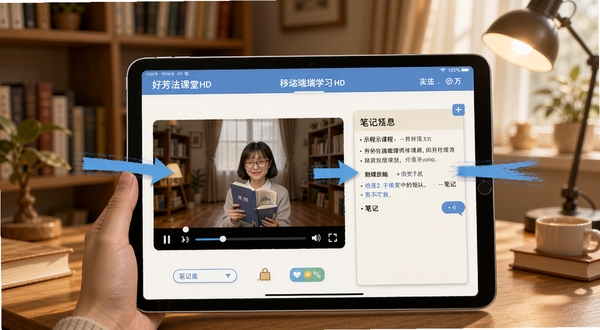 好芳法课堂HD移动端学习界面操作示意图，画面展示平板设备上课程播放与笔记功能，背景为温馨的书房环境，界面标注清晰的操作指引箭头