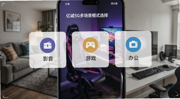 亿诚5G多场景模式选择界面，画面展示手机屏幕上的模式切换卡片，包括影音、游戏、办公三种图标，背景为模糊的客厅、电竞房和办公室场景拼接，体现多场景适用性