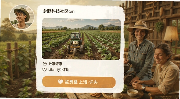 乡野科技社区界面，用户头像和分享的农田照片，点赞评论按钮，温暖的社交氛围