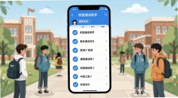 校园通话助手 版本更新 手机界面 更新日志列表 蓝色勾选图标 校园背景 扁平化设计