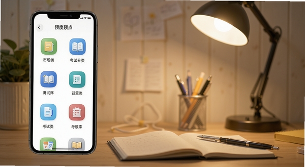 考题库题库分类界面预览图,手机屏幕显示多个考试分类图标排列整齐,背景为书桌场景,有台灯和文具,光线柔和,突出学习氛围