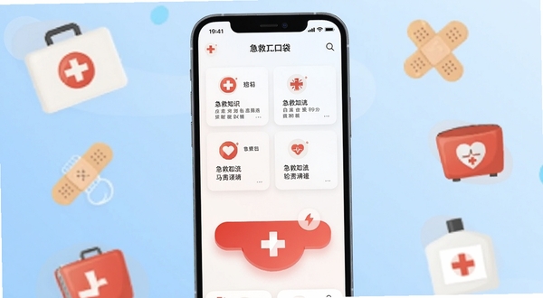 一款名为急救口袋的手机应用界面展示，画面中央是手机屏幕特写，屏幕内呈现急救知识分类卡片与醒目的红色急救按钮，背景为柔和的浅蓝色渐变，周围点缀急救箱、创可贴等扁平化图标，整体风格现代简洁，适配Boogu模型生成
