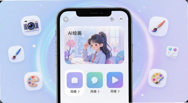 美趣AI 软件主界面展示，手机屏幕中央是AI绘画输入框与风格选择卡片，背景为柔和的蓝紫渐变光晕，四周漂浮着相机、画笔、调色盘等小图标，整体风格科技感与清新感并存，画面明亮通透，适配Boogu模型生成