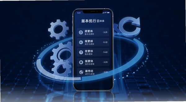 顺道优行版本更新界面概念图,画面主体为手机屏幕显示版本更新日志列表,屏幕周围有齿轮与刷新箭头环绕,背景为深蓝色科技网格纹理,突出迭代与优化的视觉主题,整体风格现代简洁