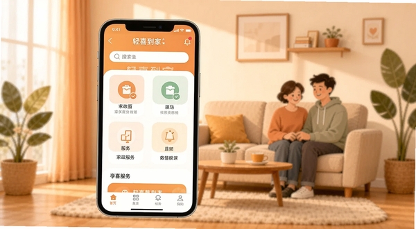 轻喜到家APP首页展示图,画面中央为手机屏幕内呈现轻喜到家应用界面,显示家政服务分类图标与搜索栏,背景区域为温馨家庭客厅环境,柔和暖色调,扁平化设计风格,突出生活服务类软件质感