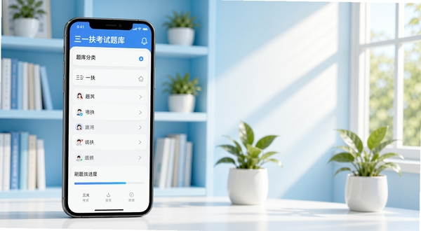 三支一扶考试题库手机应用主界面展示，画面中央偏左位置放置一部竖屏智能手机，屏幕内显示题库分类列表与刷题进度条，背景区域为浅蓝色渐变书架与绿植装饰，右上角有阳光透过的窗户光影，整体风格清新简洁，突出学习备考氛围