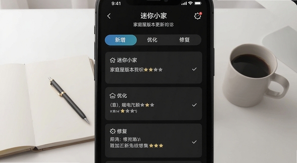 迷你小家:家庭屋版本更新界面截图,手机屏幕显示更新日志列表,包含新增、优化、修复三个分类标签,背景为简约办公桌面,有笔记本和咖啡杯点缀