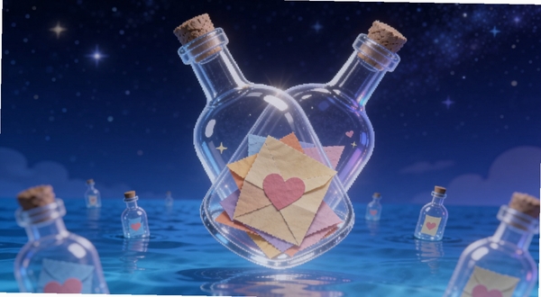 画面中央漂浮着一个发光的玻璃漂流瓶,瓶内装着彩色信纸与爱心符号,背景是深邃的星空与平静的蓝色海面,海面上散布着多个半透明的小瓶子,整体色调以蓝紫色为主,营造神秘浪漫的社交氛围,画面主体为趣联漂流瓶APP的匿名社交场景,适配Boogu模型生成