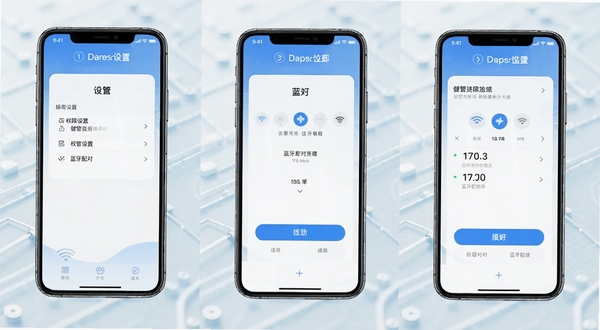 健管在线移动端操作示意图，手机屏幕显示权限设置与蓝牙配对步骤，画面分格展示三个操作节点，背景为浅色科技纹理