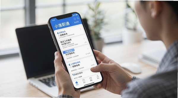 小渔职通 手机应用主界面 求职岗位列表 蓝白配色 简洁商务风格 手机屏幕展示 招聘信息卡片 附近工作推荐 底部导航栏 求职者浏览岗位场景