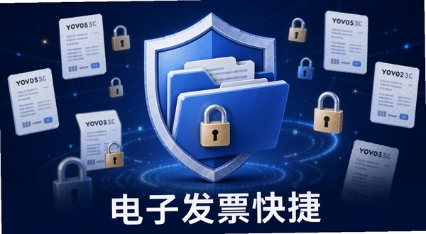 电子发票快捷安全存储功能展示,画面以盾牌与文件夹组合为核心元素,周围环绕发票图标与加密锁符号,背景为深蓝色调,体现安全可靠的视觉感受,软件名称电子发票快捷出现在画面下方