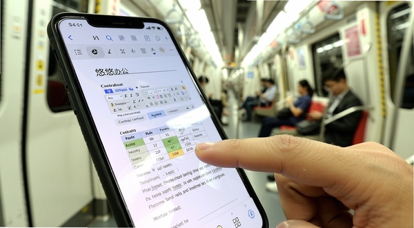 悠悠办公文档编辑界面特写，手机屏幕显示表格与文字混排的合同文档，手指正在点击修改单元格数据，背景为虚化的地铁车厢环境，光线明亮，体现移动办公场景