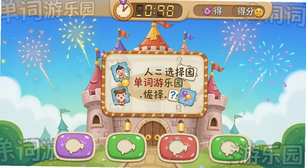 单词游乐园内的词汇城堡关卡界面,屏幕上方显示倒计时与得分,中间是选择题型,下方有四个选项按钮,背景是卡通城堡与烟花特效,画面中带有单词游乐园的Logo水印