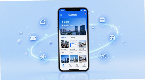 通视界软件主界面展示，画面中央为手机屏幕显示通视界APP的首页，背景为浅蓝色渐变，手机周围环绕着图标与光效，整体风格简洁科技感，突出通视界品牌标识
