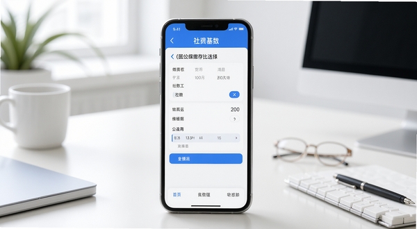 手机社保公积金计算应用主界面展示,画面中央为手机屏幕特写,屏幕内显示社保缴费基数计算器和公积金缴存比例选择界面,背景为简约办公桌面环境,柔和自然光线,整体色调清新蓝白搭配,突出工具类应用的专业感与易用性